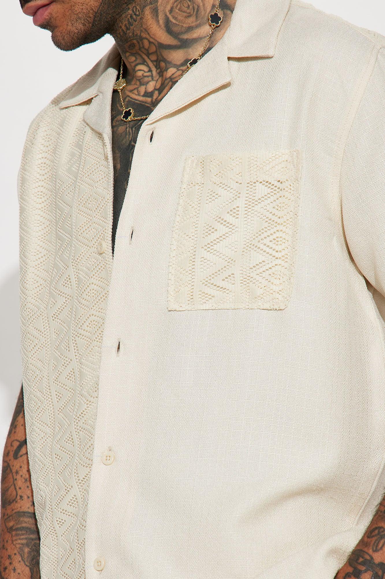 Half Crochet Pattern Short Sleeve Button Up Shirt - Cream Product Image