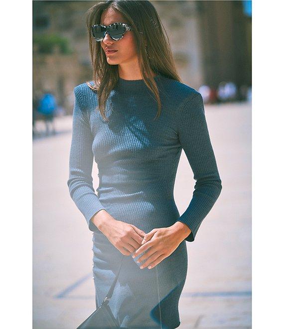 Vince Camuto Ribbed Sweater Knit Mock Neck Long Sleeve Ruched Stud Slit Hem Mini Bodycon Dress Product Image
