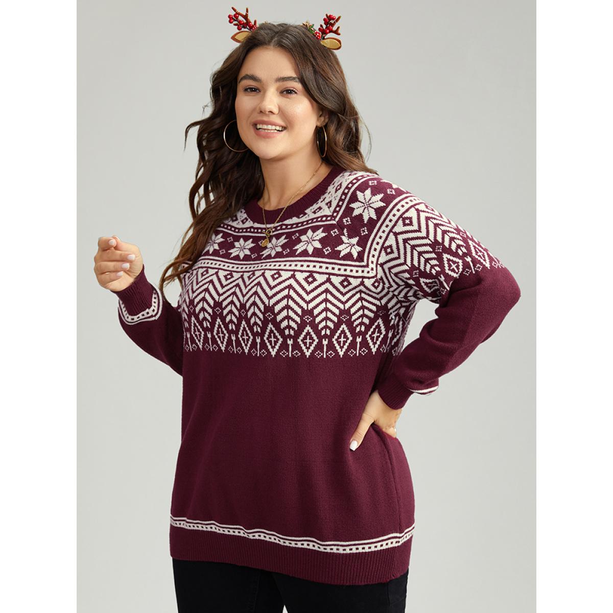 Plus Size Supersoft Essentials Christmas Graphic Elastic Cuffs Cardigan Burgundy Women Casual Loose Long Sleeve Dailywear Cardigans BloomChic 26/4X Product Image
