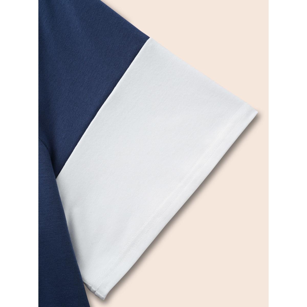 Plus Size Round Neck Contrast Patchwork T-shirt Indigo Women Casual Contrast Round Neck Everyday T-shirts BloomChic 30/6X Product Image