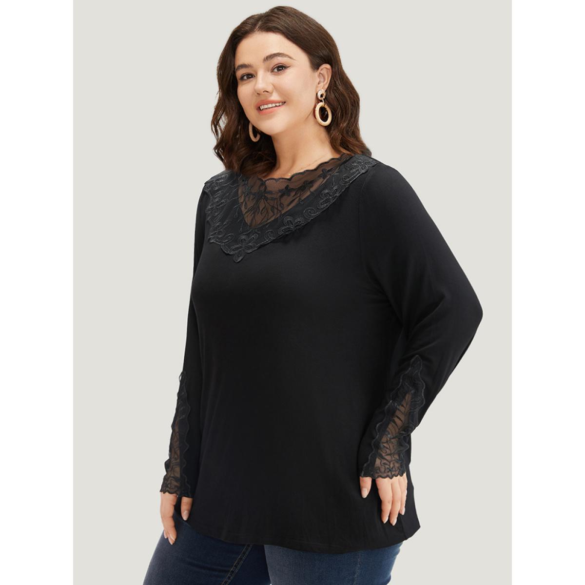 Plus Size Halloween Plain Crochet Lace Mesh T-shirt Black Women Elegant Plain Plain Round Neck Dailywear T-shirts BloomChic 12/L Product Image