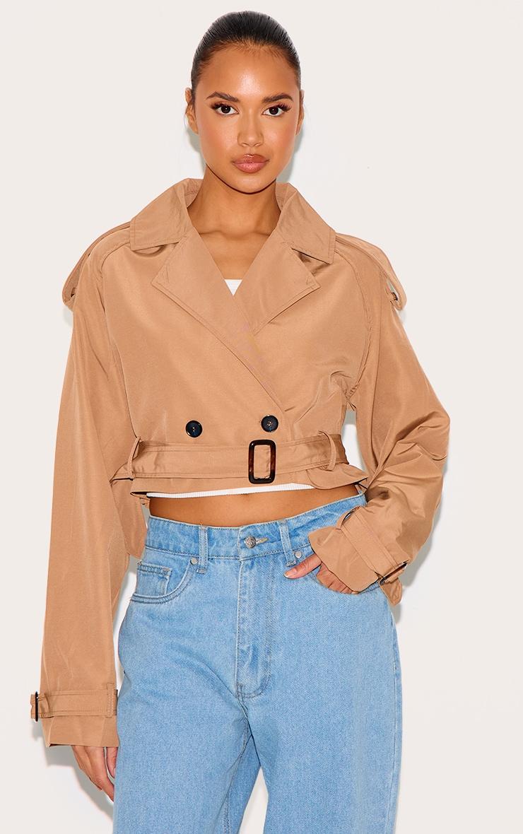 Taupe Belted Cropped Trench Coat Product Image