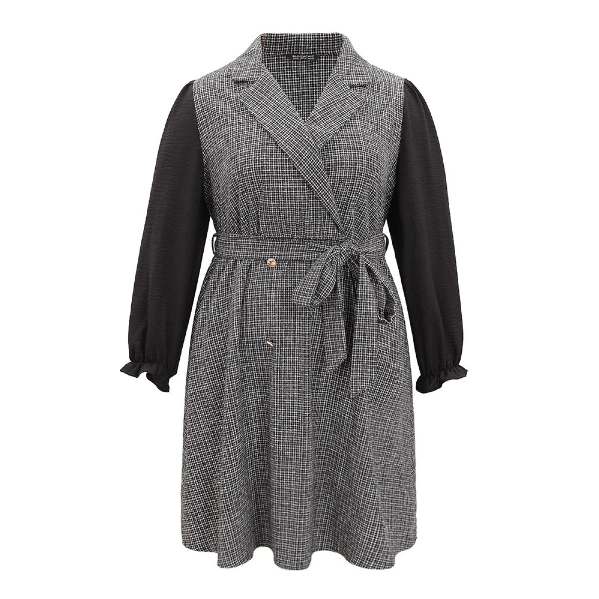 Plus Size Tweed Suit Collar Belted Button Detail Dress Black Women Office Texture Suit Collar Long Sleeve Curvy Midi Dress BloomChic 14-16/1X Product Image