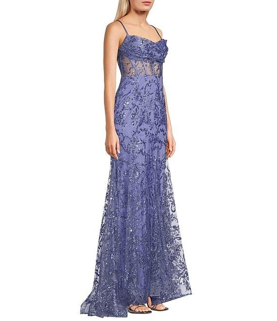 Blondie Nites Drape Corset Lace-Up Back Trumpet Glitter Dress Product Image