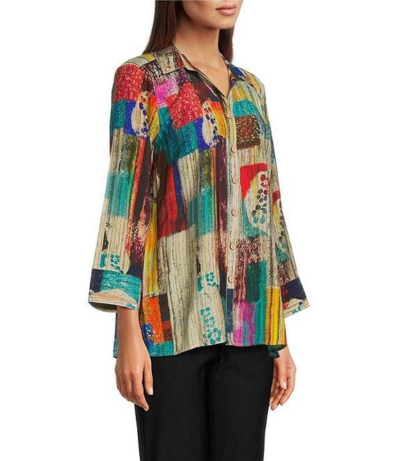 Ali Miles Woven Abstract Multi Print Point Collar 3/4 Cuff Sleeve Button Front Tunic Product Image