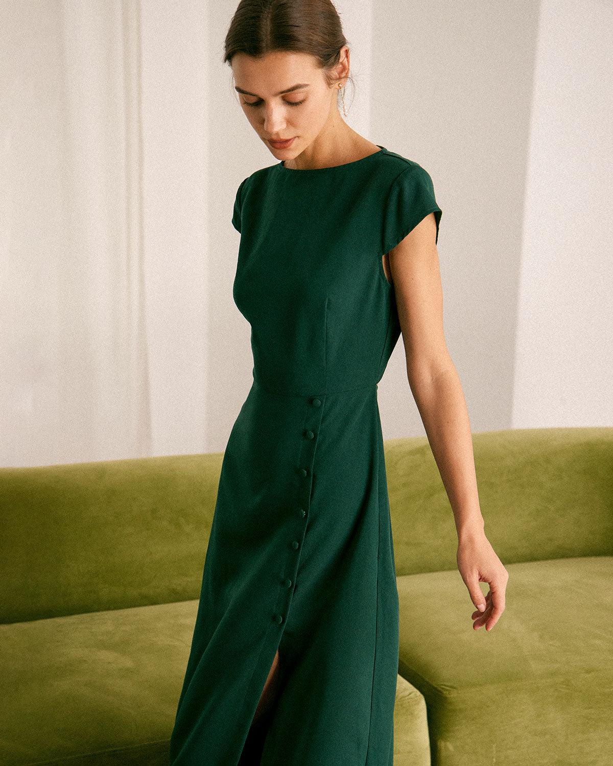 The Green Boat Neck Cutout Back Midi Dress Product Image