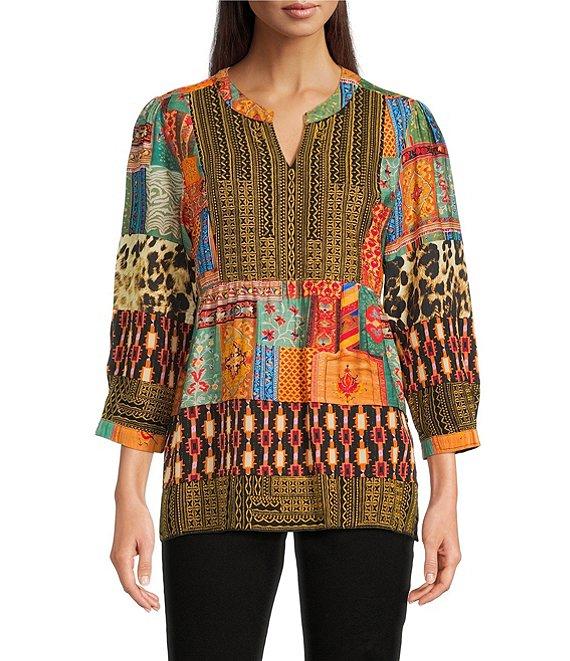 Calessa Petite Size Embroidered Patchwork Split V-Neck 3/4 Sleeve Tunic Product Image