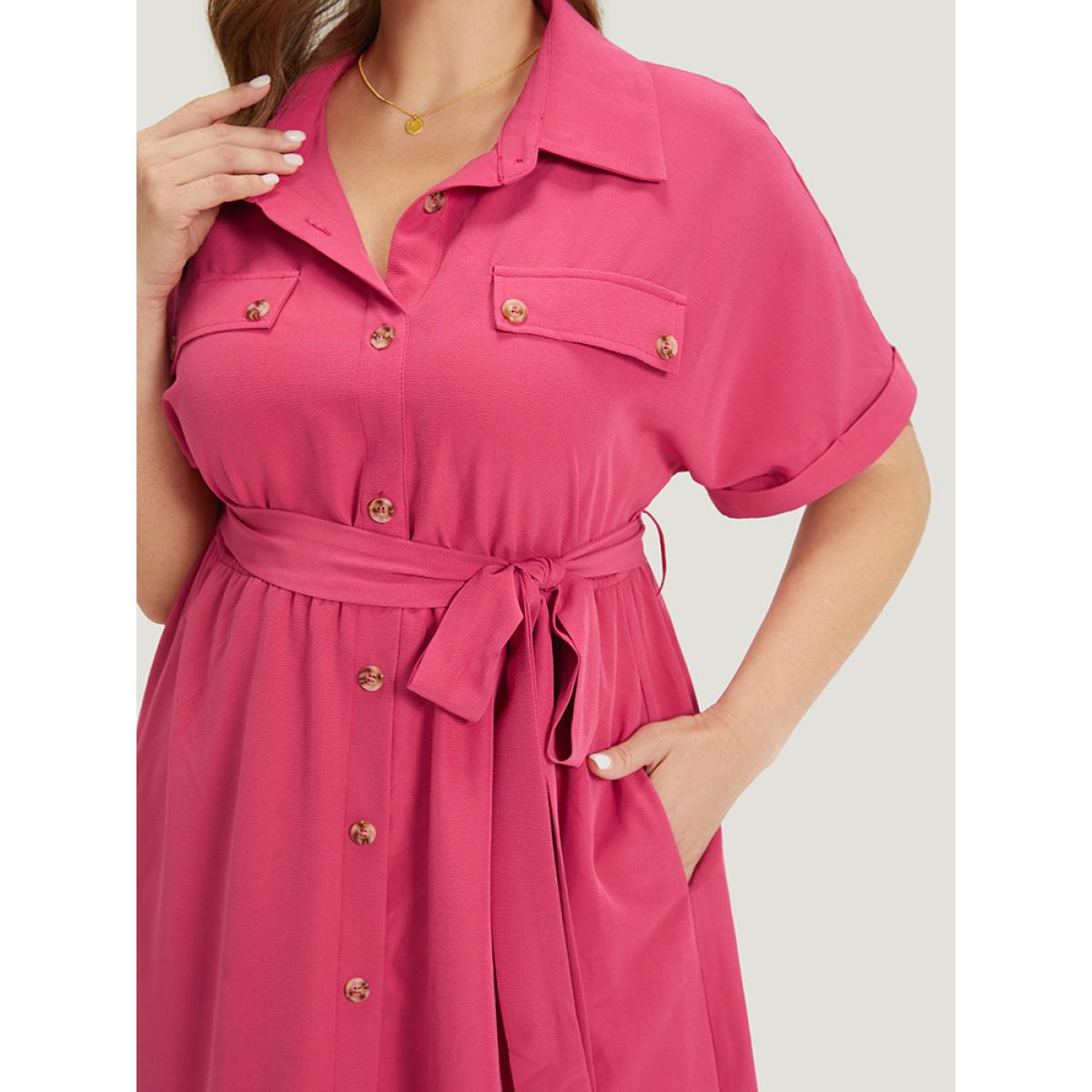 Plus Size Plain Belted Shirt Collar Arc Hem Roll Batwing Sleeve Dress Red Women Office Belted Shirt collar Short sleeve Curvy Knee Dress BloomChic 22-24/3X Product Image