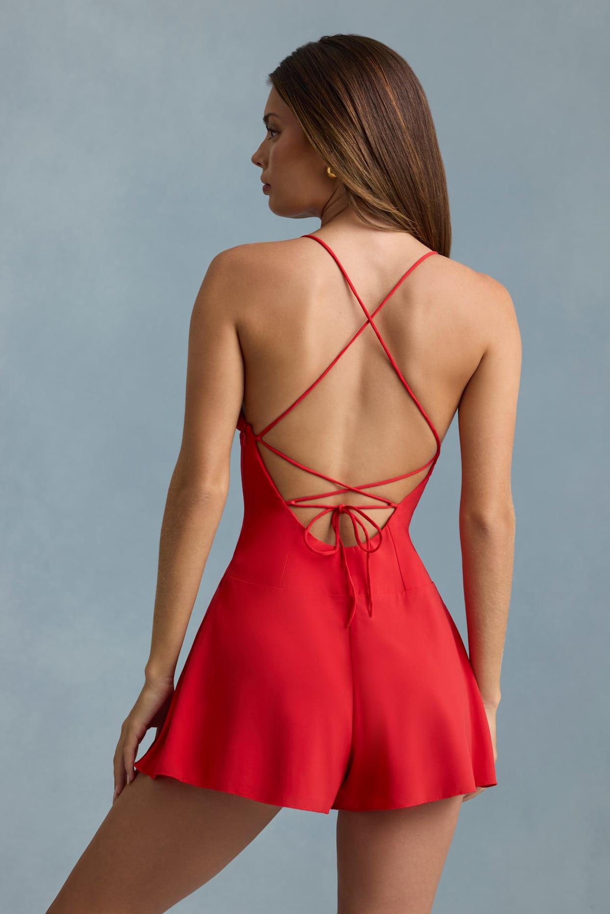 Ruched Backless Playsuit in Scarlet Red Product Image