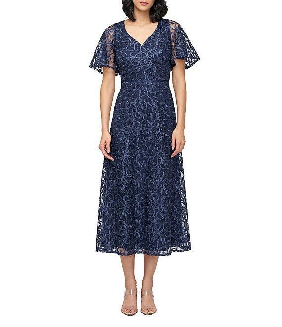 JS Collections Jess V-Neck Illusion Flutter Sleeve Embroidered Mesh A-Line Midi Dress Product Image
