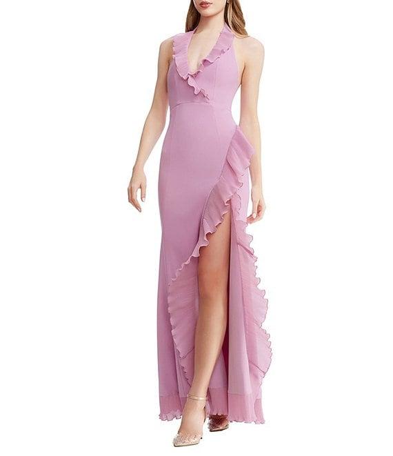 Dress the Population Kathleen Halter Neck Sleeveless Pleated Ruffle Crepe Gown Product Image