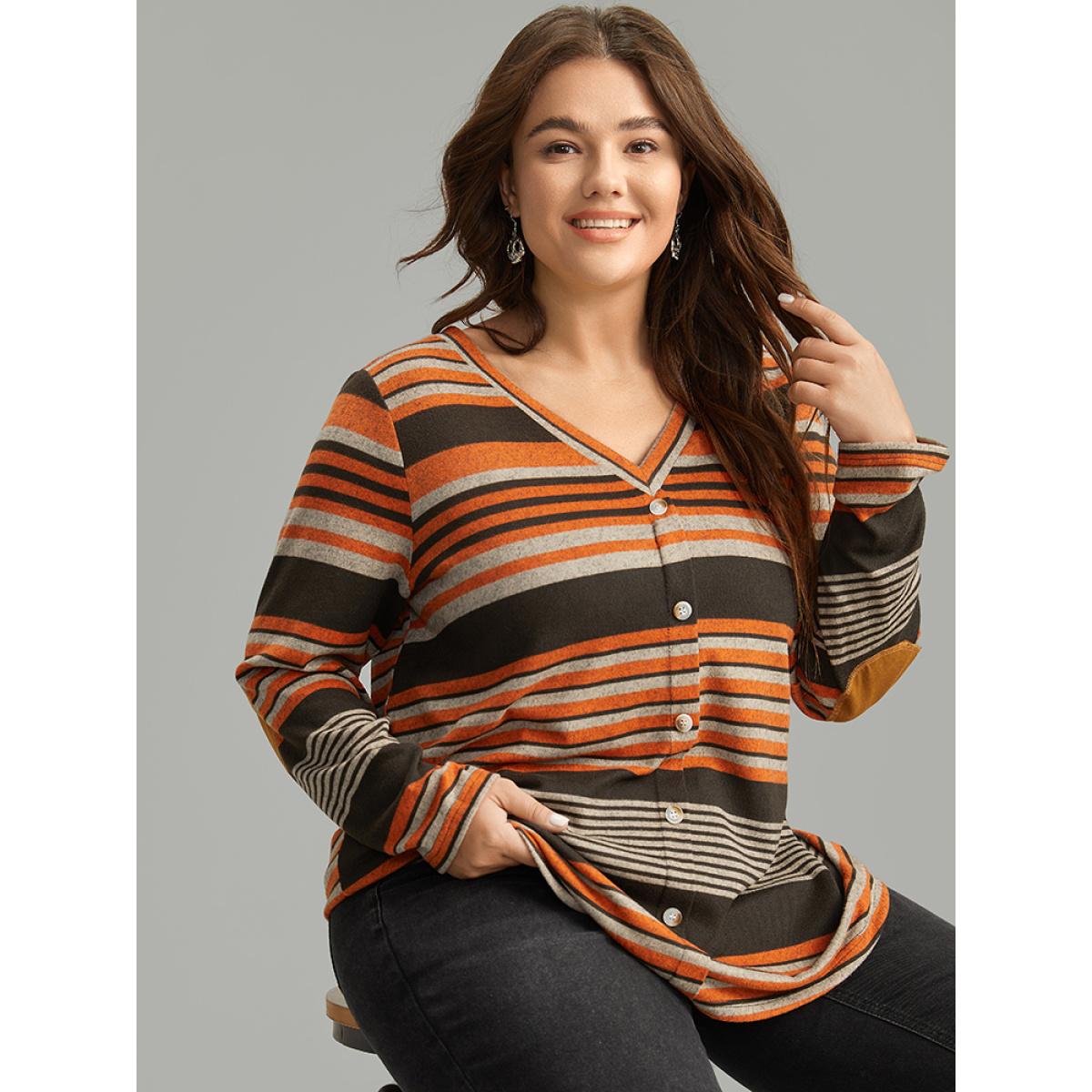 Plus Size Halloween Striped Contrast Button Detail T-shirt Multicolor Women Casual Contrast Striped V-neck Festival-Halloween T-shirts BloomChic 12/L Product Image