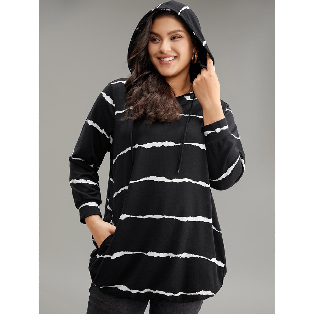 Plus Size Striped Pocket Hooded Drawstring Sweatshirt Women Black Casual Printed Hooded Dailywear Sweatshirts BloomChic 14-16/1X Product Image