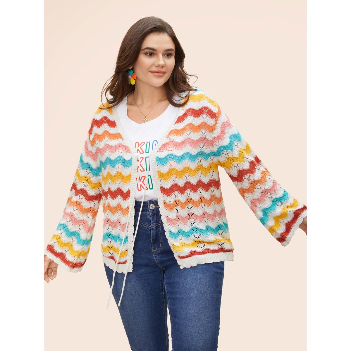 Plus Size Cotton Rainbow Perforated Front Tie Cardigan Multicolor Women Casual Loose Long Sleeve Everyday Cardigans BloomChic 26/4X Product Image