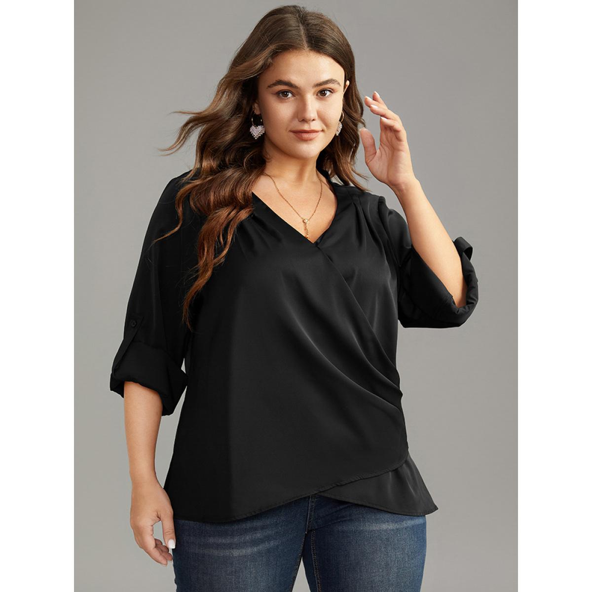 Plus Size Black Plain Tab Sleeve Wrap Pleated Blouse Women Work From Home Long Sleeve V-neck Office Blouses BloomChic 26/4X Product Image