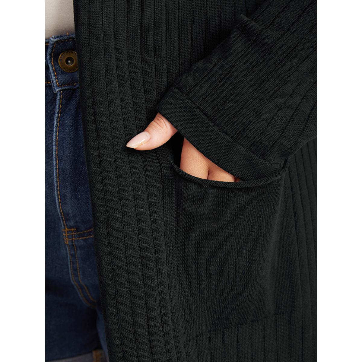 Plus Size Solid Rib Knit Pocket Lightweight Tunic Cardigan Black Women Basics Loose Long Sleeve Everyday Cardigans BloomChic 10/M Product Image
