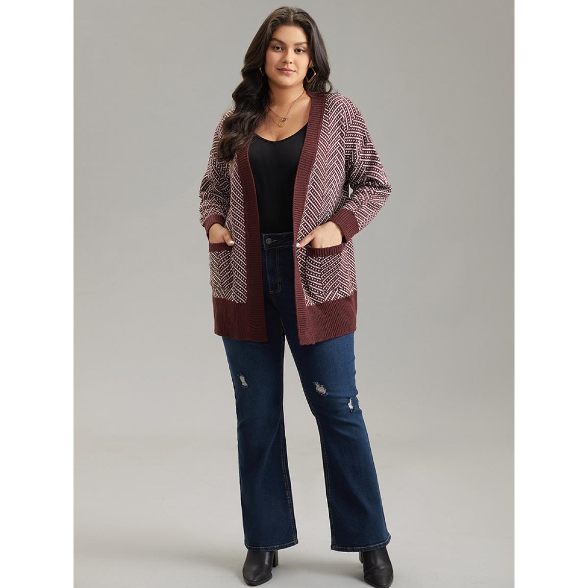 Plus Size Jacquard Open Front Pocket Loose Cardigan Maroon Women Casual Loose Long Sleeve Dailywear Cardigans BloomChic 26/4X Product Image