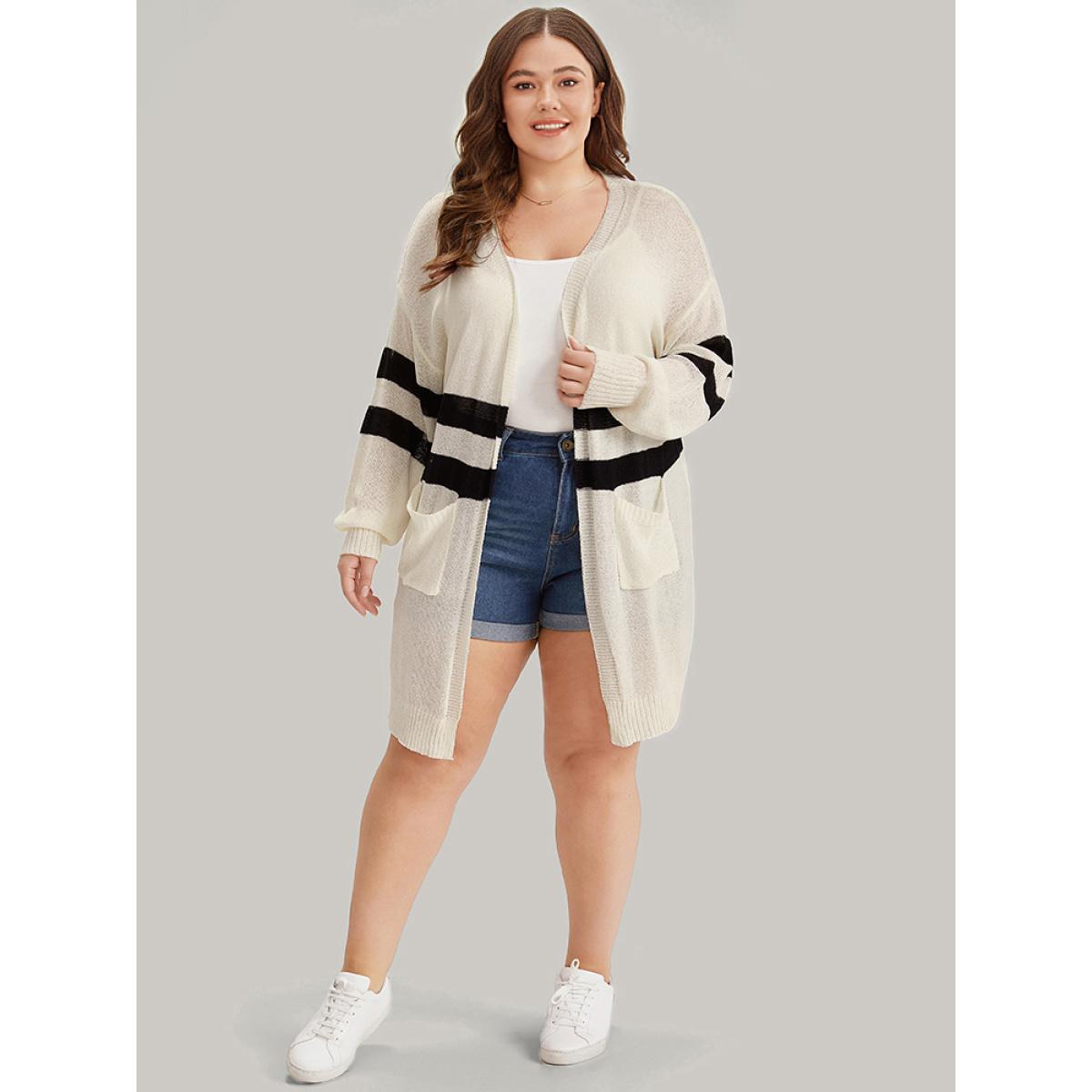 Plus Size Striped Pocket Open Front Cardigan Beige Women Casual Loose Long Sleeve Everyday Cardigans BloomChic 30/6X Product Image