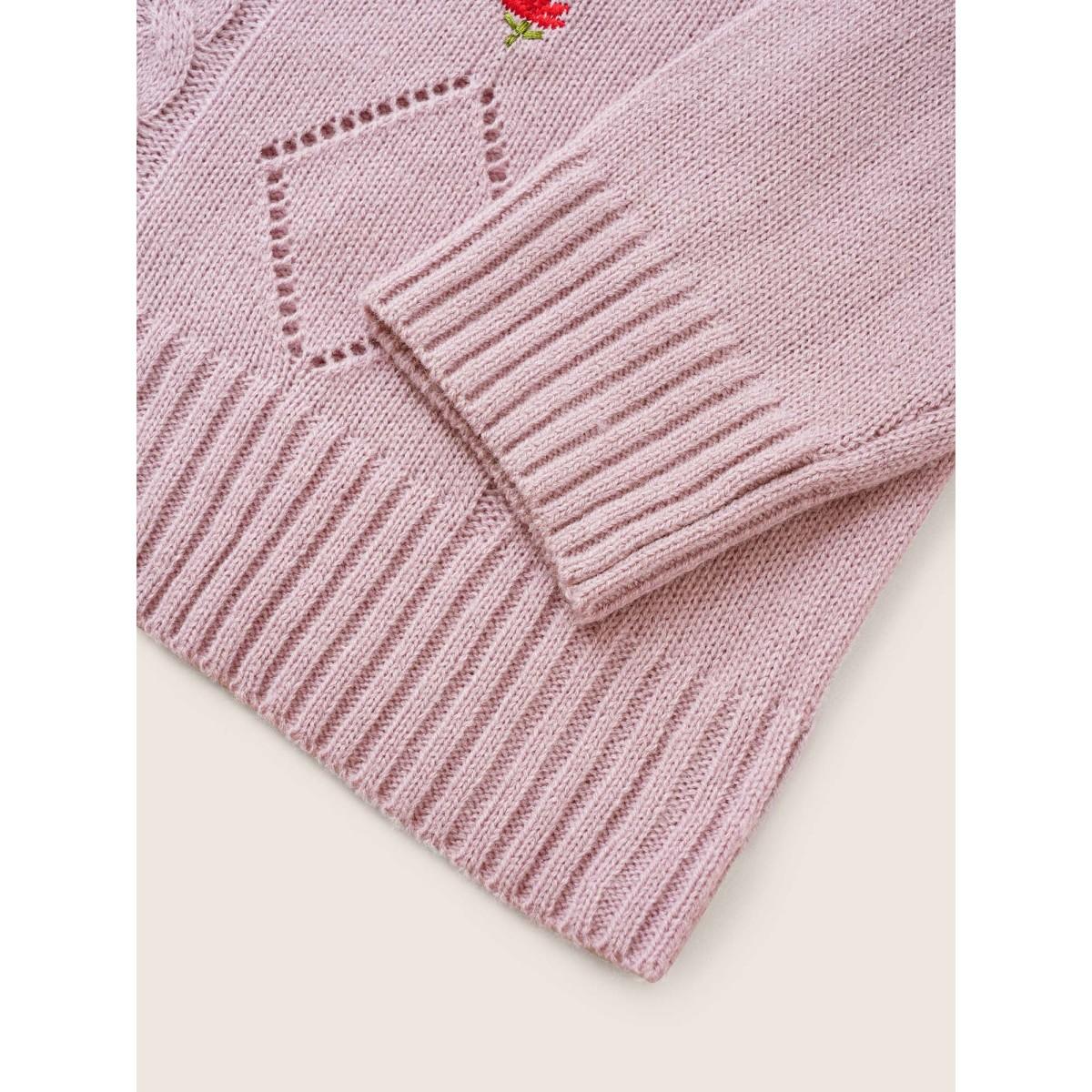 Plus Size Floral Embroidered Geometric Hollow Out Cable Knit Pullover Lilac Women Casual Long Sleeve Round Neck Everyday Pullovers BloomChic 14-16/1X Product Image