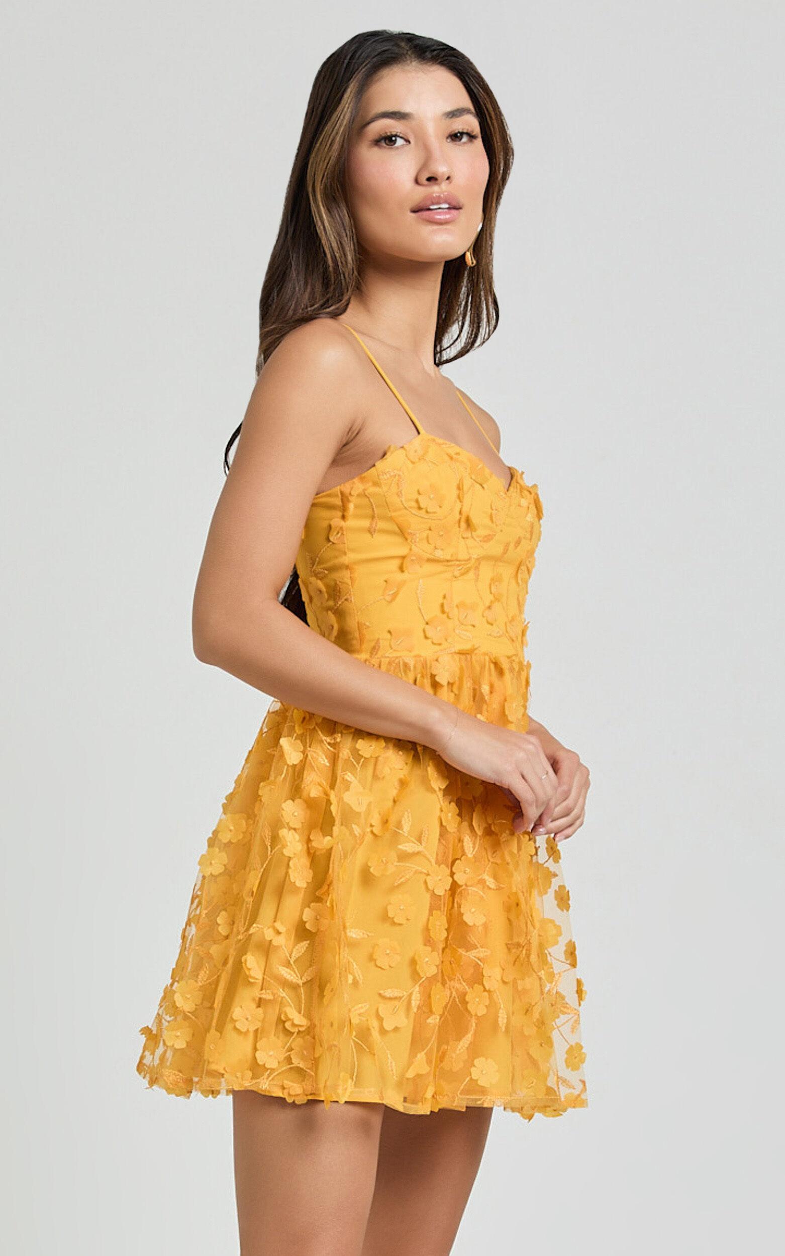 Prague Mini Dress - Strappy Embroidered Tulle Bustier Dress in Marigold Product Image