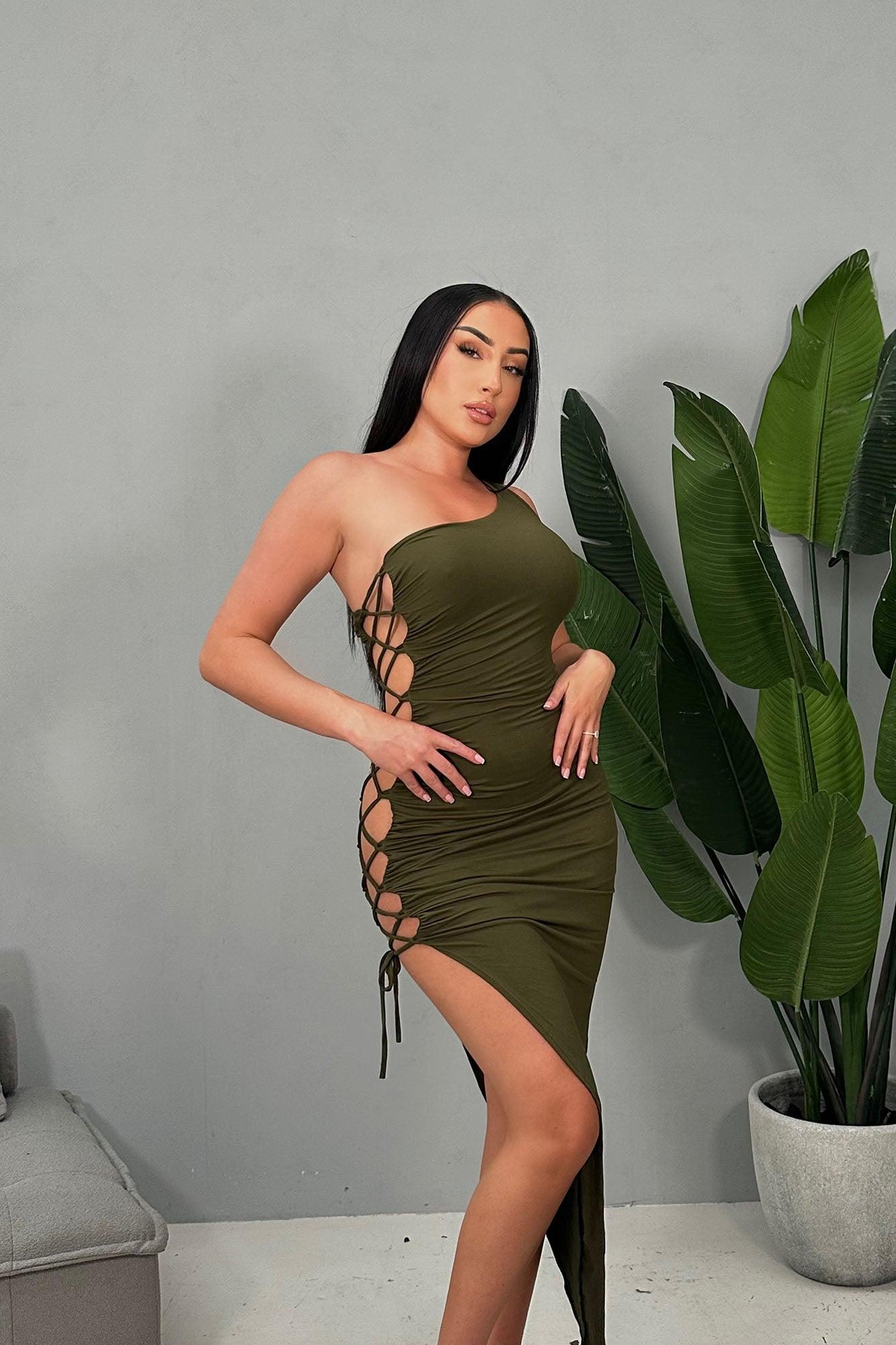 Reina Lace Up Maxi Dress - Olive Product Image