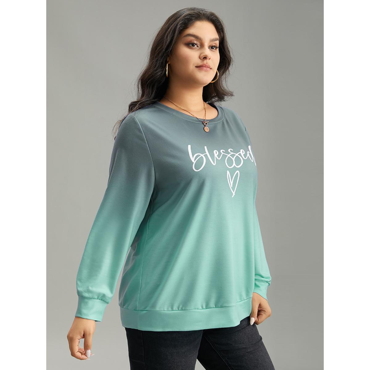 Plus Size Letter Print Ombre Crew Neck Sweatshirt Women Cyan Casual Printed Dailywear Sweatshirts BloomChic 22-24/3X Product Image