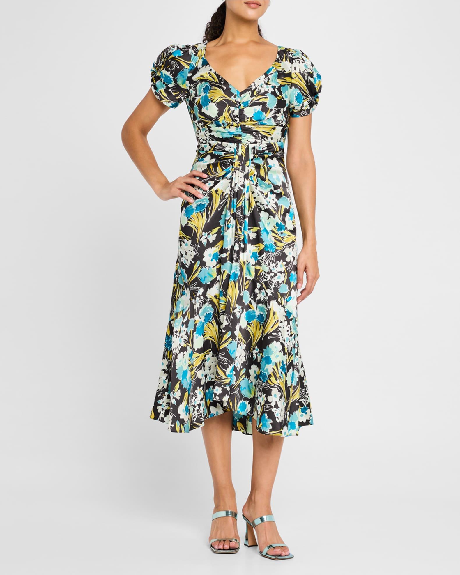 Walker Floral Puff-Sleeve Midi Dress Product Image