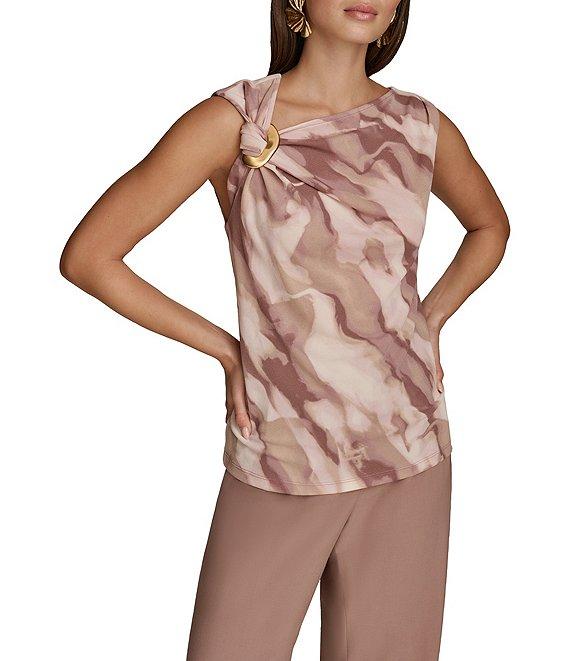 Donna Karan Mink Combo Printed Crepe Jersey Gold Hardware Twist Front Asymmetrical Neck Sleeveless Top Product Image