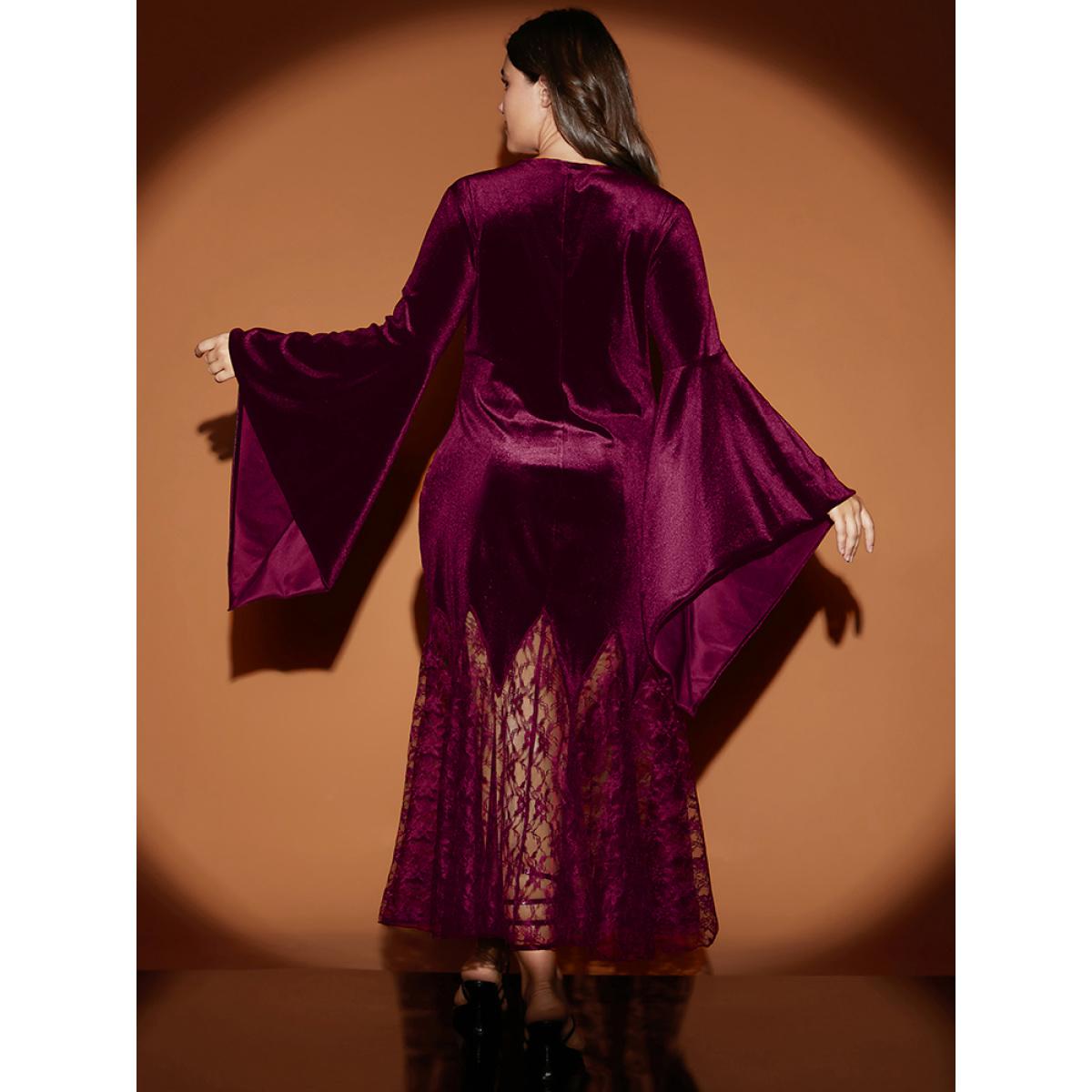 Plus Size Halloween Bell Sleeve Velvet Lace Insert Maxi Dress Burgundy Women Party Slit V-neck Long Sleeve Curvy Long Dress BloomChic 30/6X Product Image
