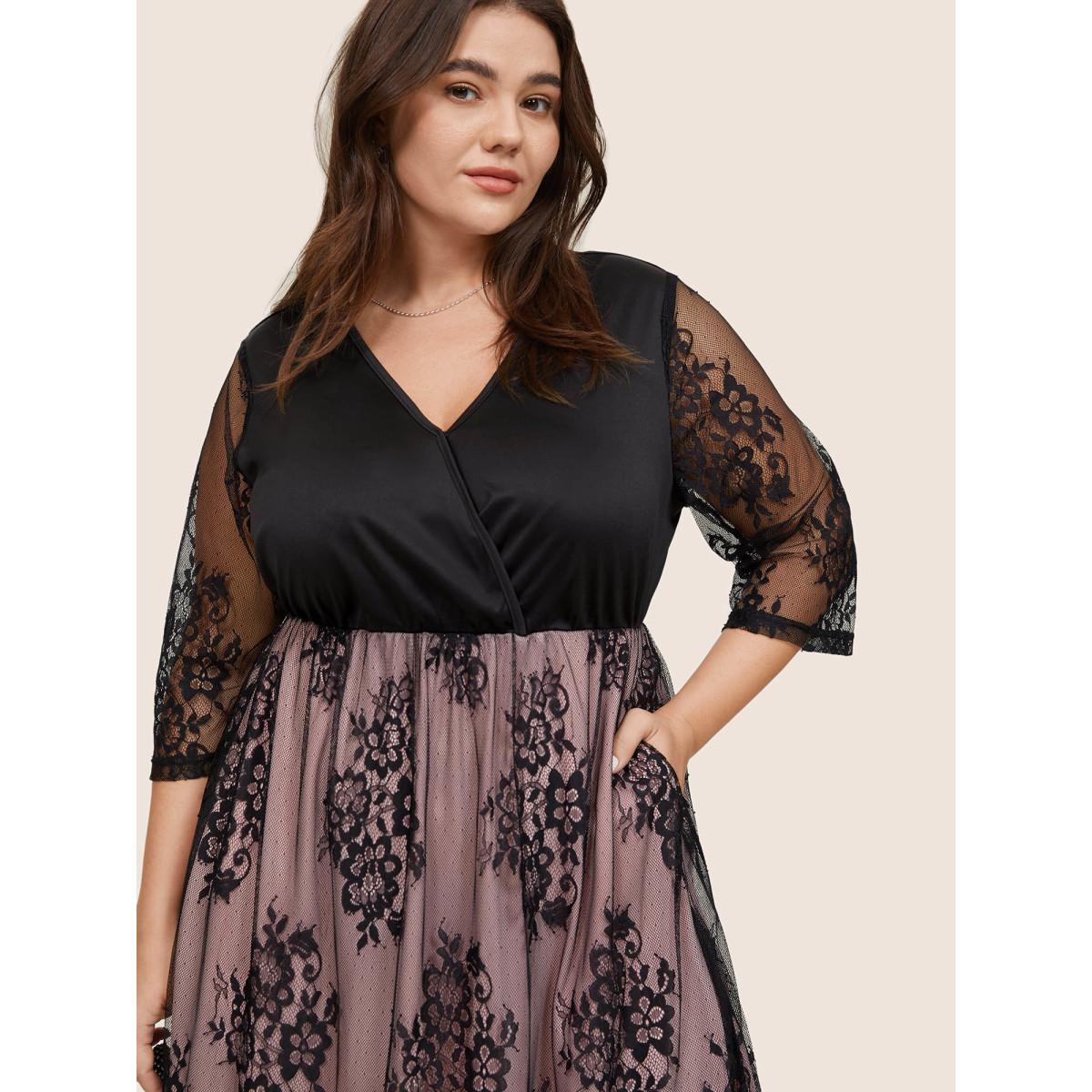 Plus Size Crochet Lace Mesh Overlap Collar Dress Black Women Glamour Lined Overlap Collar Elbow-length sleeve Curvy Midi Dress BloomChic 14-16/1X Product Image