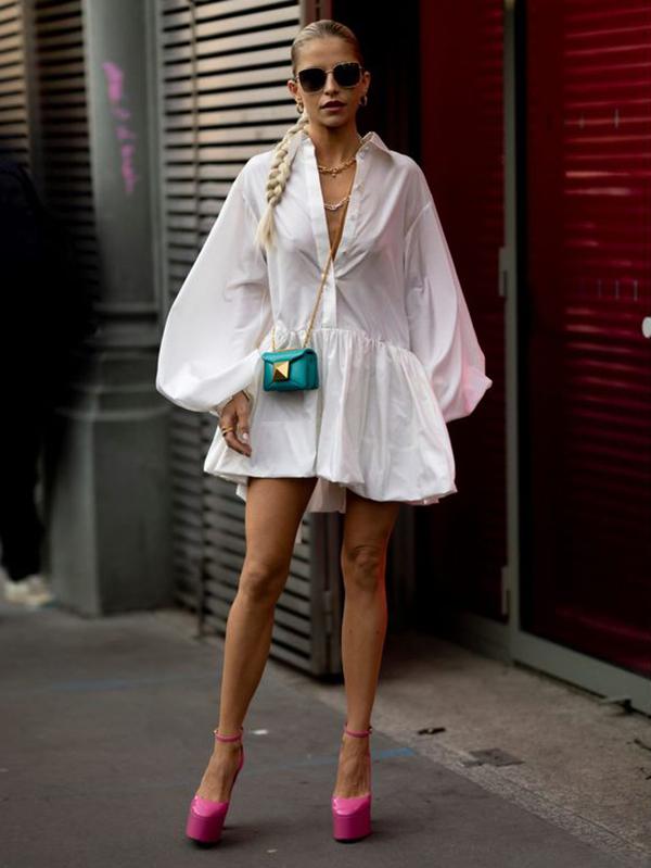 Urban Puff Sleeves Buttoned Split-Joint Solid Color Lapel Mini Dresses Shirt Dress Product Image