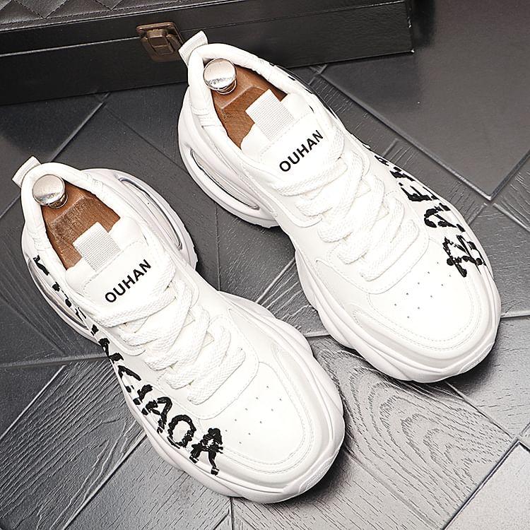 Hidden Wedge Lettering Print Lace-Up Faux Leather Sneakers Product Image