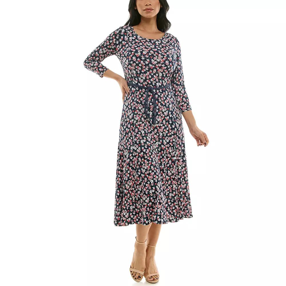 Women's Nina Leonard Sylvia Three-Quarter Sleeve Belted Midi Dress,  Product Image