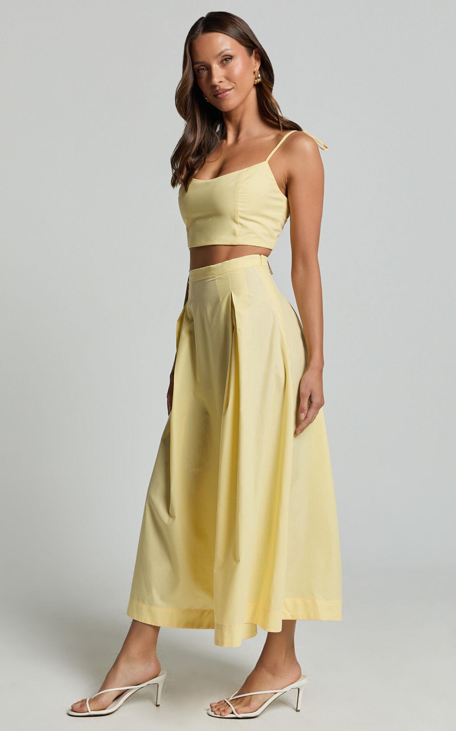 Rosalee Two Piece Set - Strappy Crop Top and High Waisted A Line Midi Skirt Set in Yellow Product Image
