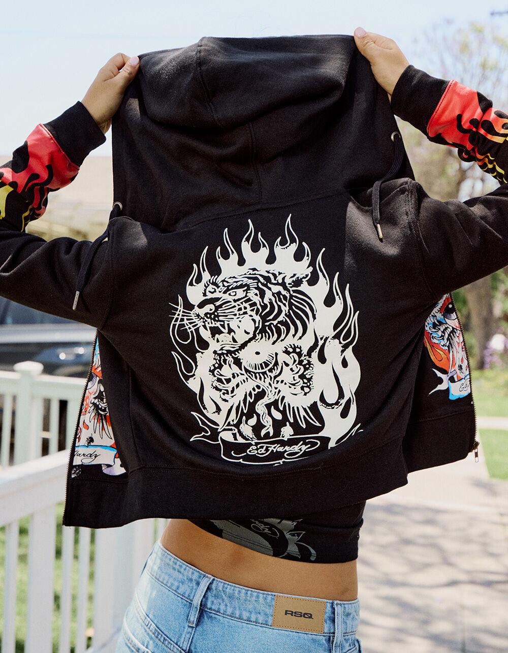 ED HARDY Tiger Flame Womens Crop Zip-Up Hoodie - BLACK Product Image