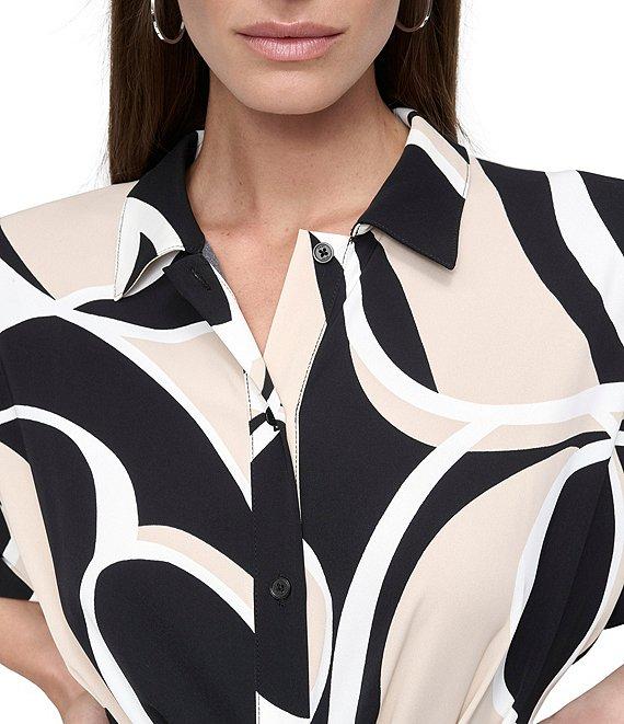 DKNY by Donna Karan Woven Geometrical Print Point Collar Neck Short Sleeve Button Front Waist Tie Shirt Midi Dress Product Image
