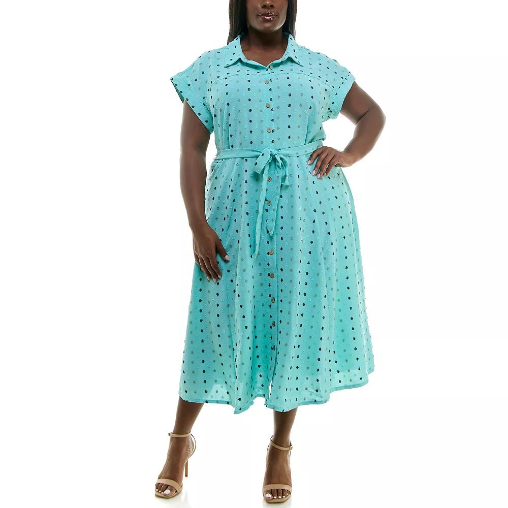 Plus Size Nina Leonard Swiss Dot Print Collared Short Sleeve Midi Shirt Dress, Women's, Size: 2XL, Robins Egg Team Product Image