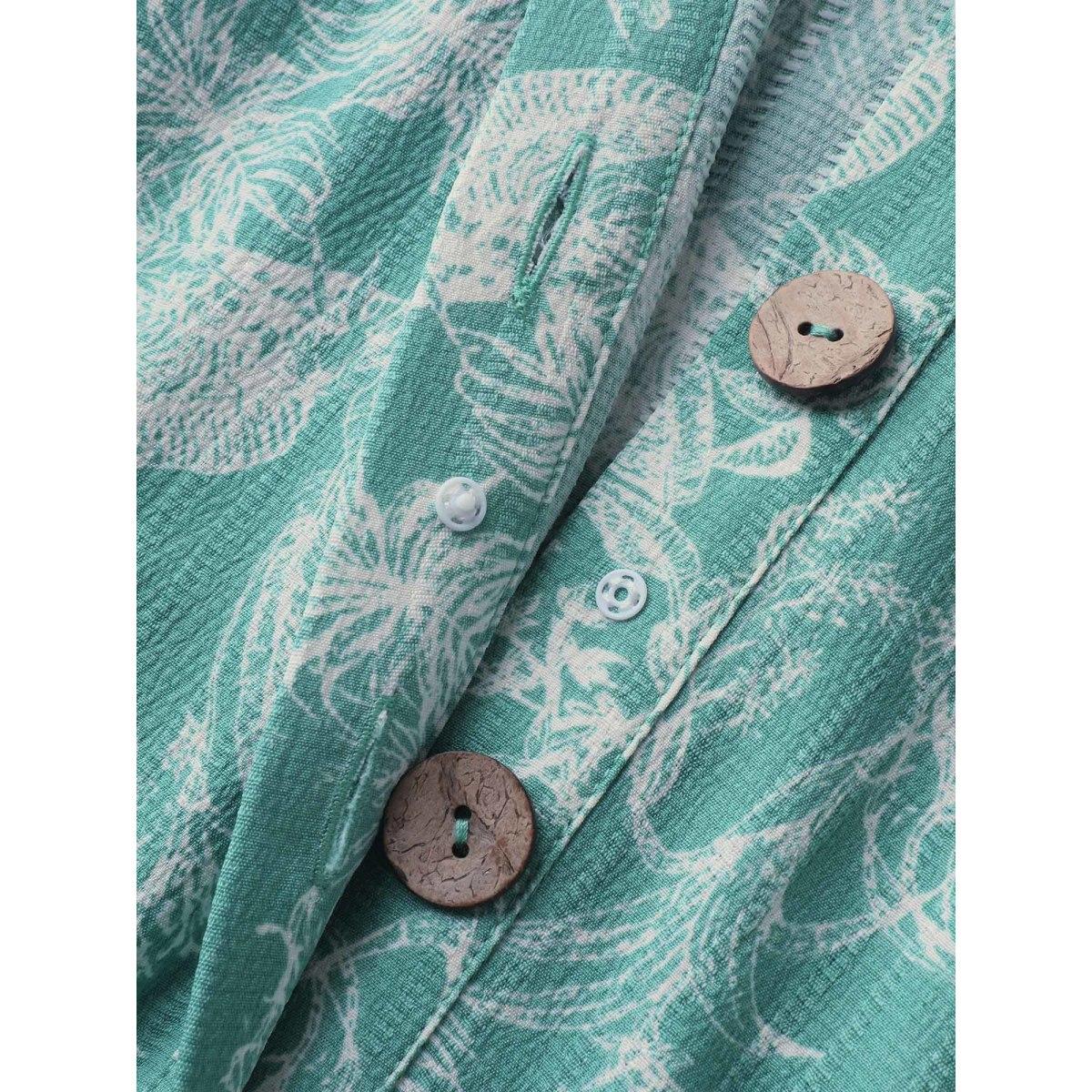 Plus Size Turquoise Plant Print Button Detail Stretchy Jumpsuit Women Resort Sleeveless V-neck Vacation Loose Jumpsuits BloomChic 28/5X Product Image