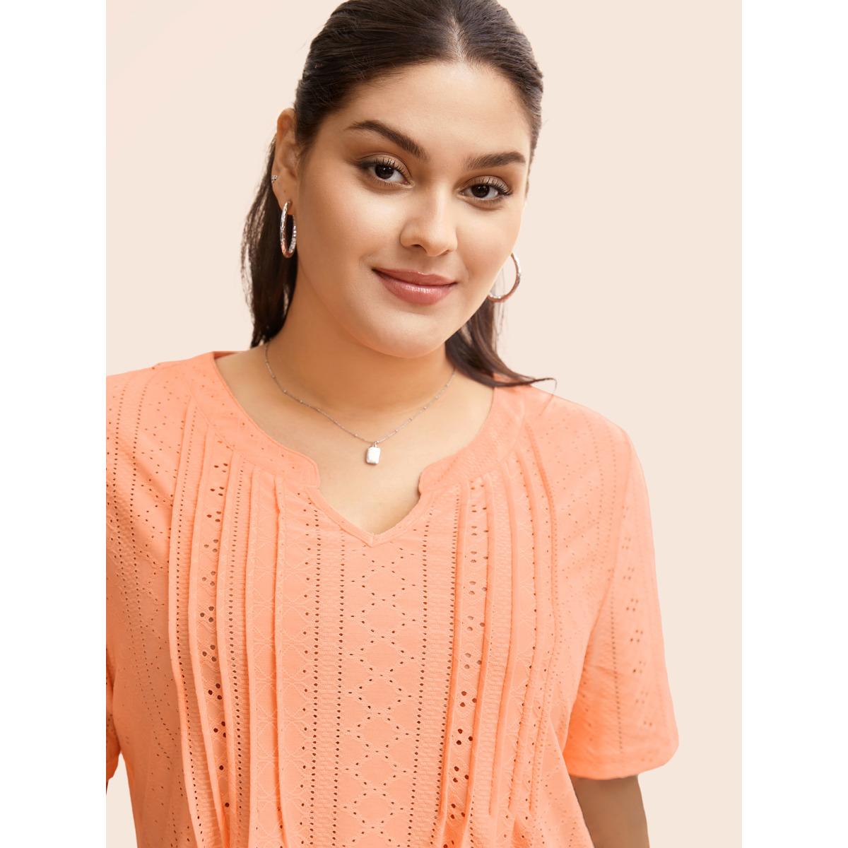 Plus Size Notched Broderie Anglaise Pleated T-shirt Lightorange Women Casual Texture Flat collar with V-notch Everyday T-shirts BloomChic 26/4X Product Image