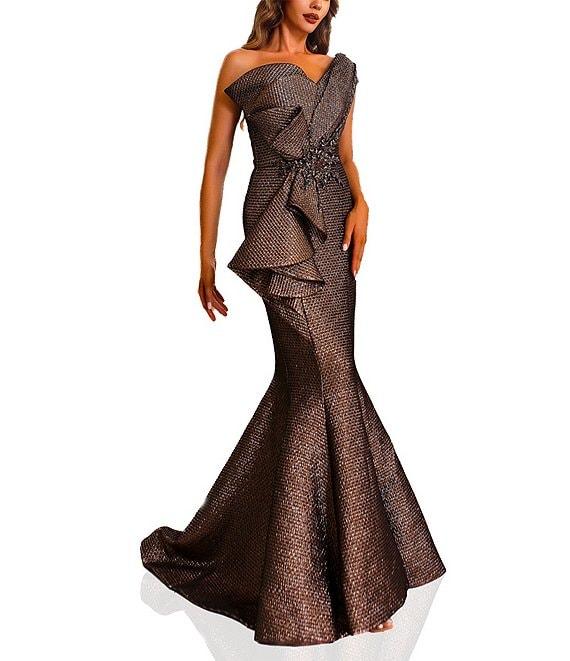 Terani Couture One Shoulder 3D Ruffle Front Front Jacquard Mermaid Gown Product Image