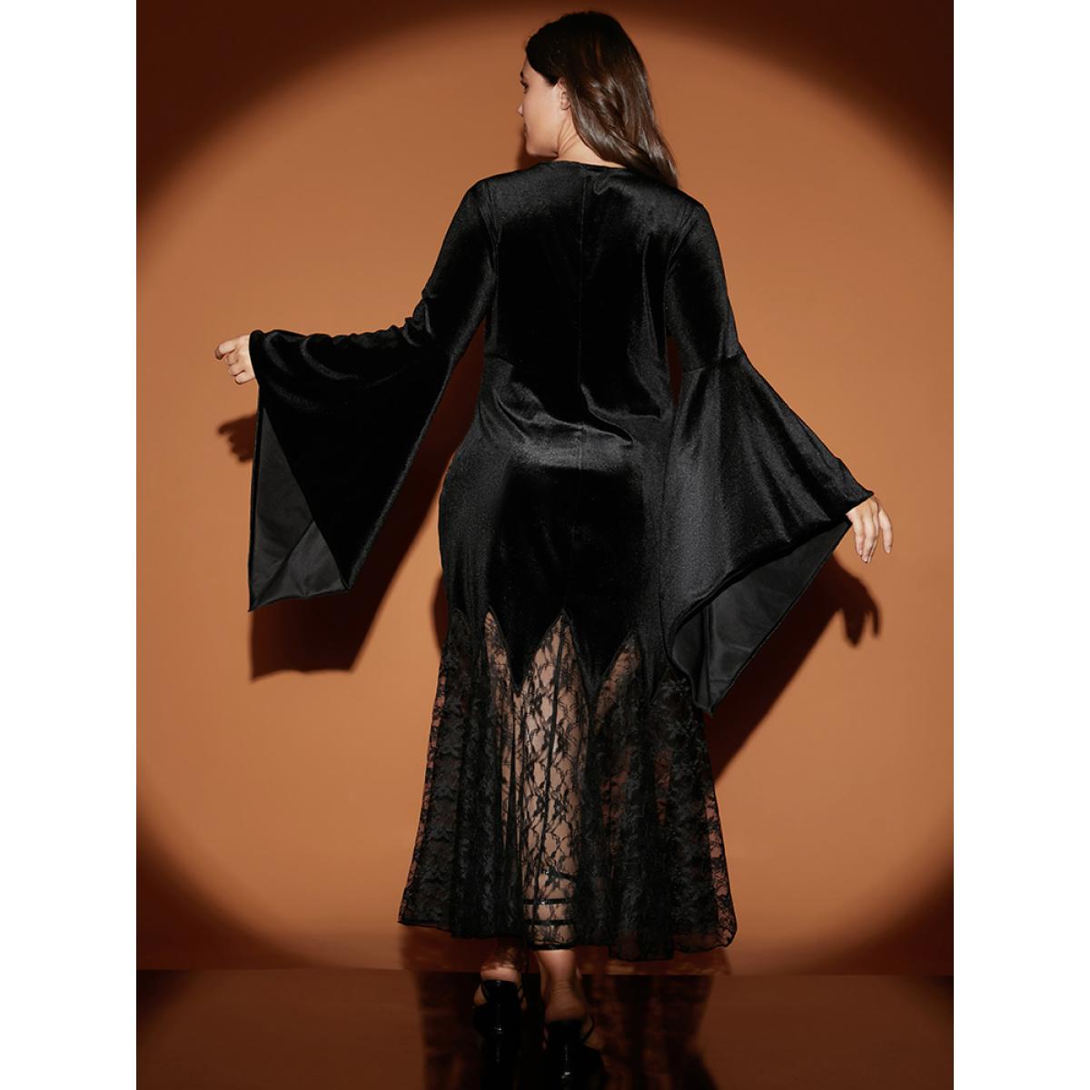 Plus Size Halloween Bell Sleeve Velvet Lace Insert Maxi Dress Black Women Party Slit V-neck Long Sleeve Curvy Long Dress BloomChic 14-16/1X Product Image