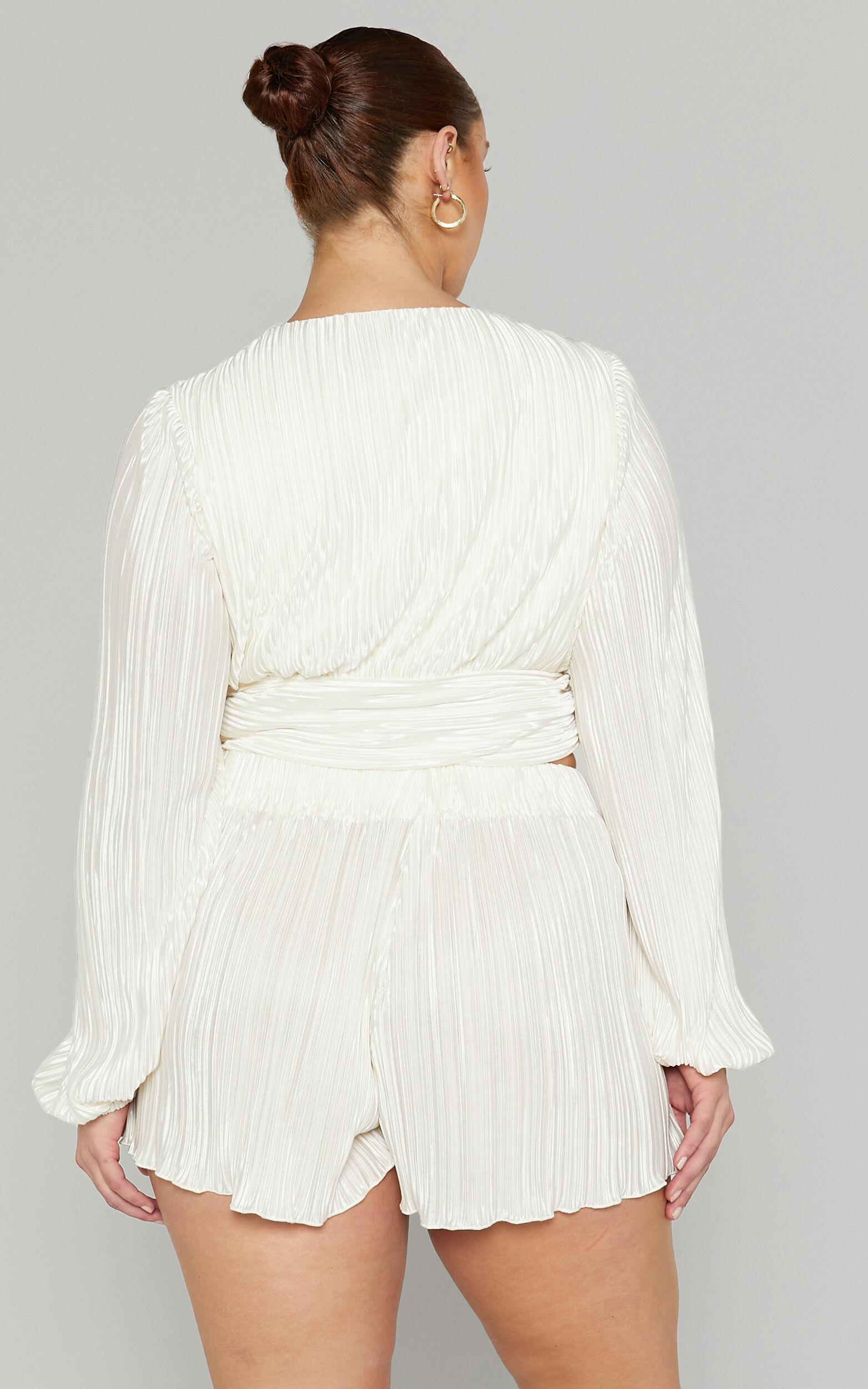 Jondra Blouse - Ruched Front Long Sleeve Plisse Blouse in Cream Product Image