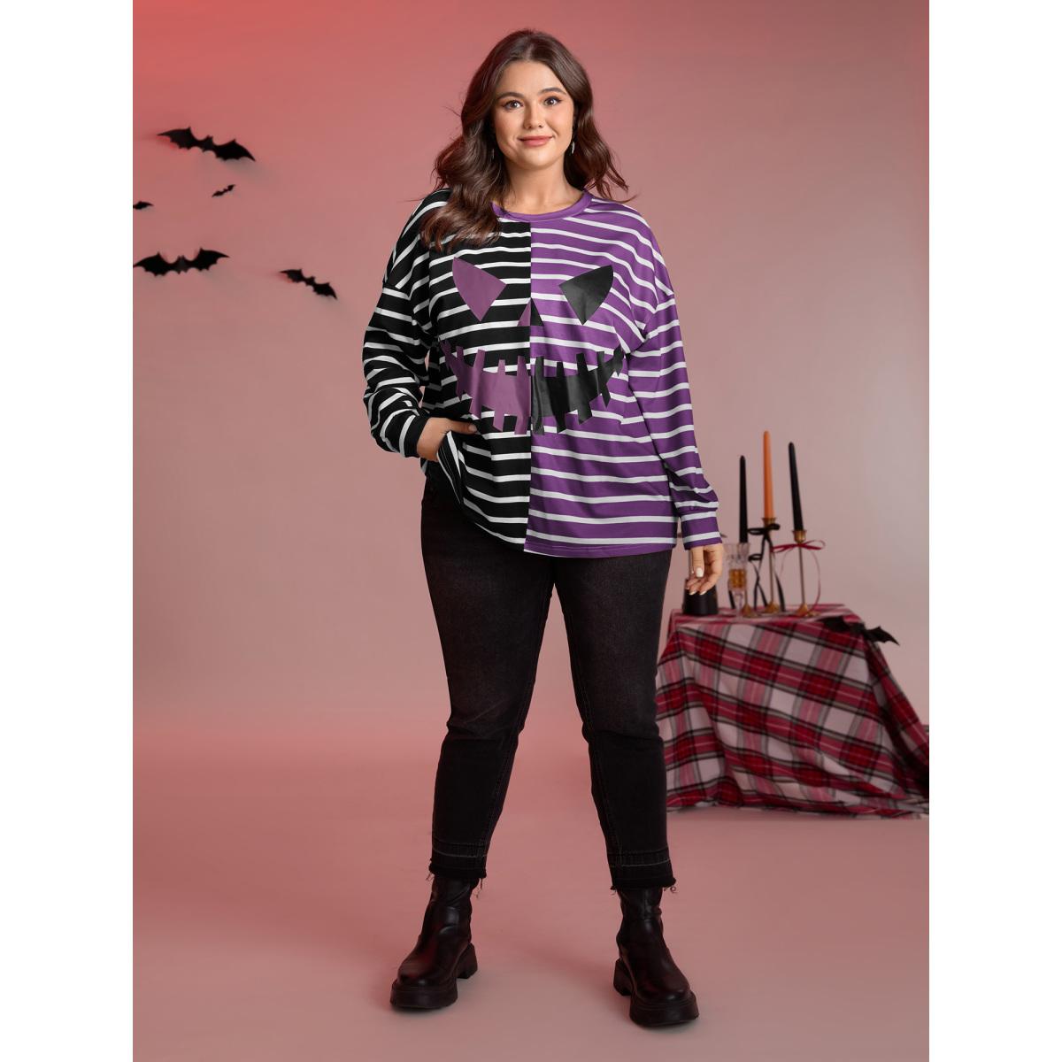 Plus Size Pumpkin Contrast Stripes Full Sleeve Sweatshirt Women Deeppurplered Playful Contrast Round Neck Casual Sweatshirts BloomChic 10/M Product Image