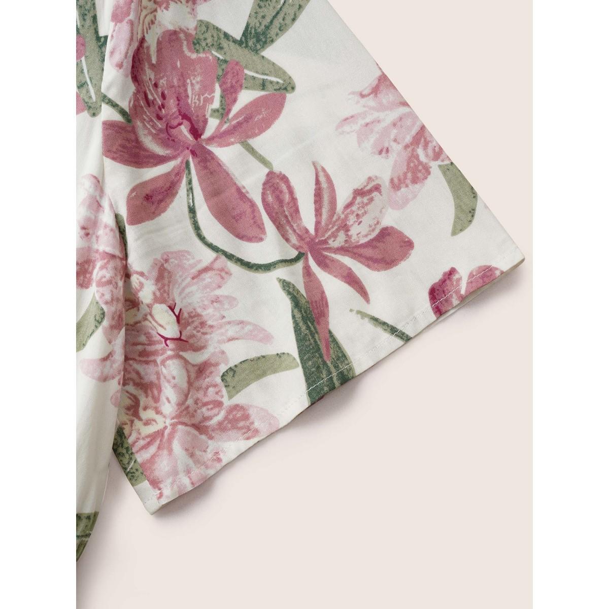 Plus Size Floral Print Elastic Waist Shirred Dress White Women Elegant Non V-neck Short sleeve Curvy Midi Dress BloomChic 10/M Product Image