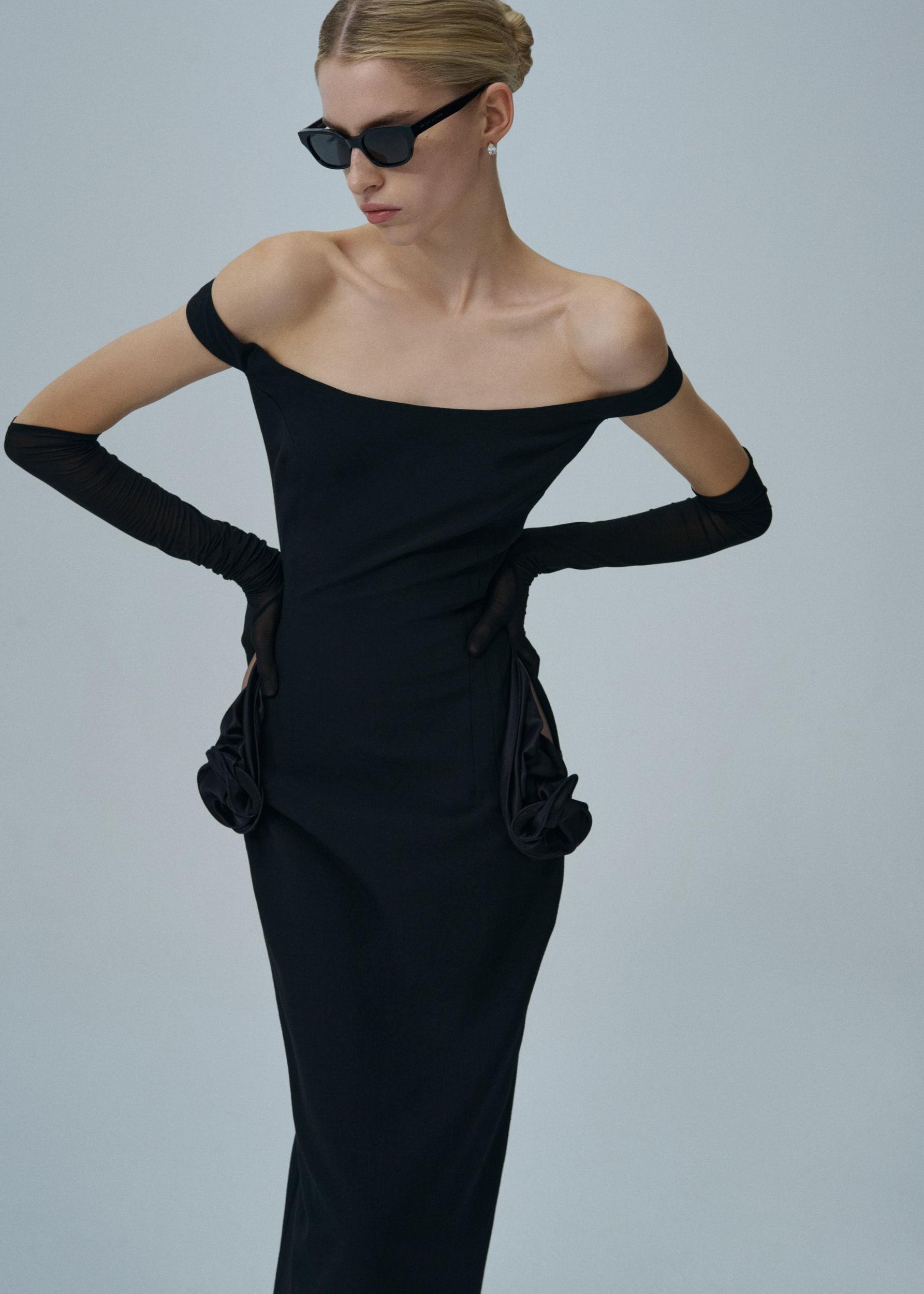 Floral side cut out midi dress in black Product Image