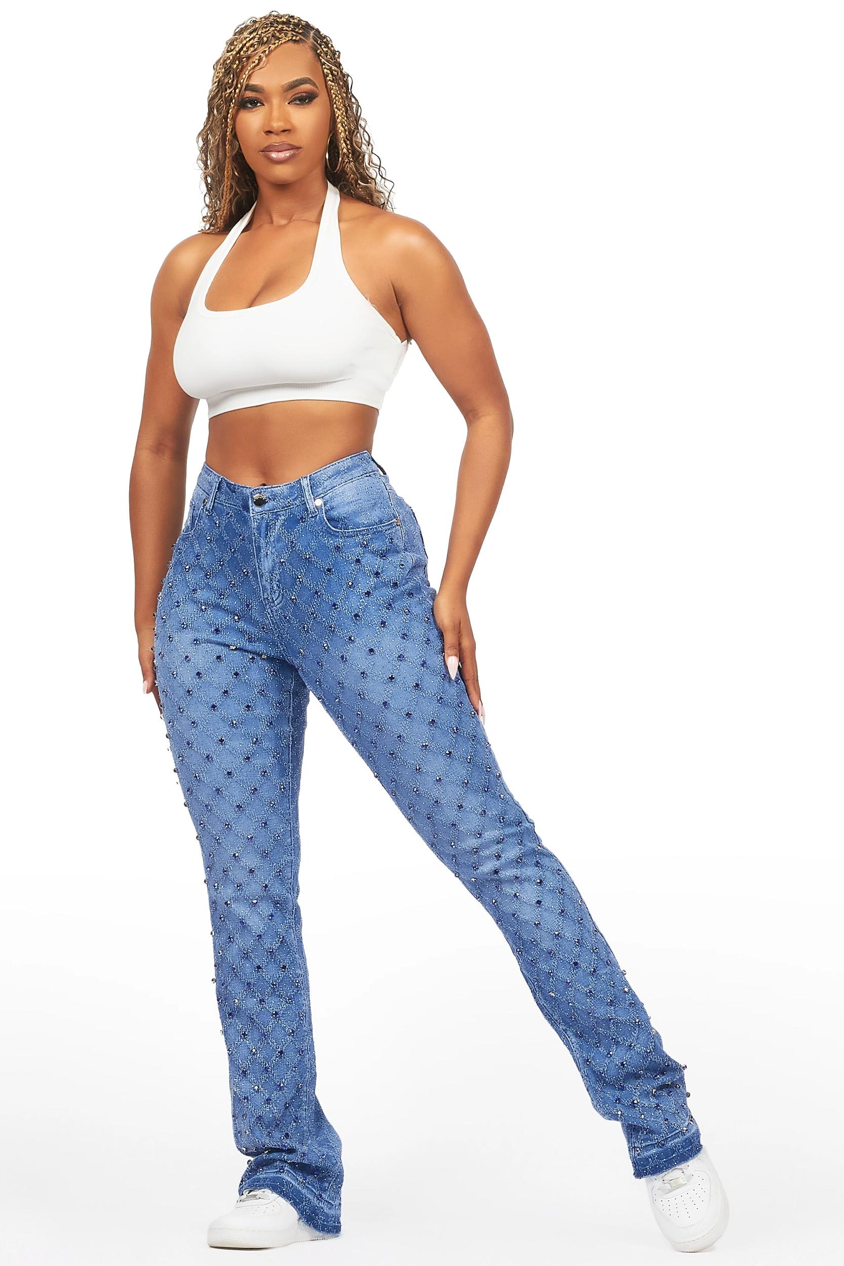 Sareka Royal Blue Rhinestone Stacked Flare Jean Female Product Image