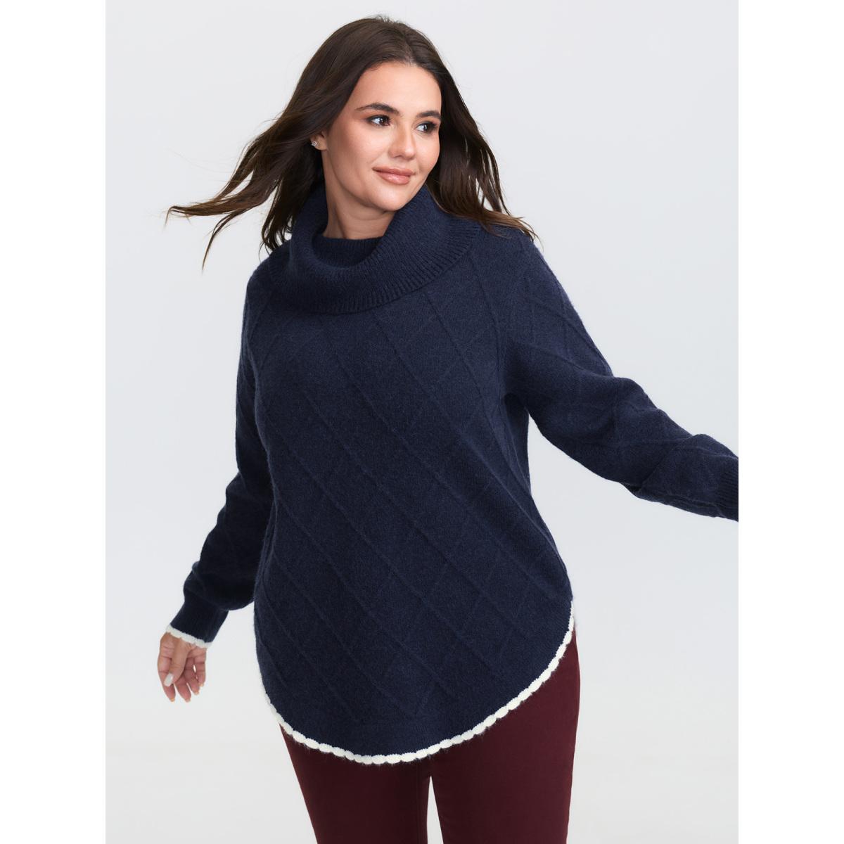 Plus Size Curvy Contrast Hem Textured Turtleneck Pullover Midnight Women Leisure Loose Long Sleeve Turtleneck Casual Pullovers BloomChic 22-24/3X Product Image