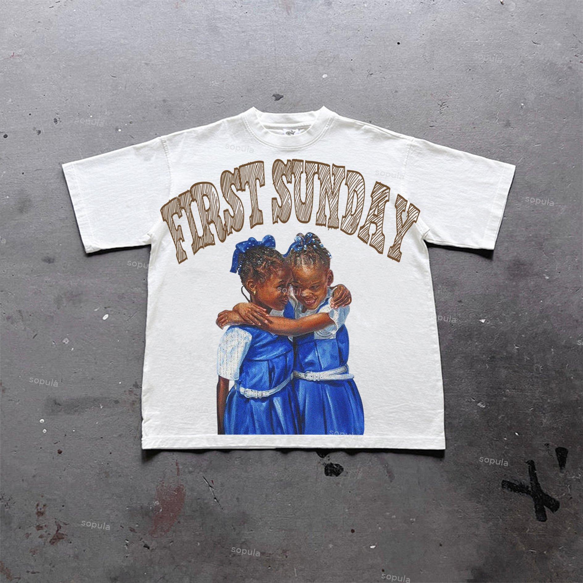 Retro First Sunday Faith Graphic Print Cotton T-Shirt Product Image