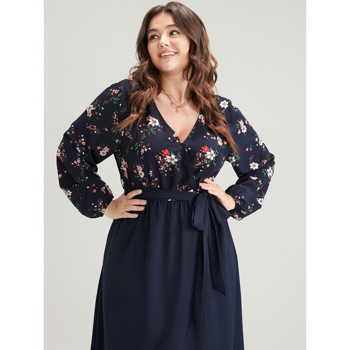Plus Size Floral Print Wrap Pocket Belted Split Dress DarkBlue Women Elegant Elastic Waist V-neck Long Sleeve Curvy Midi Dress BloomChic 12/L Product Image