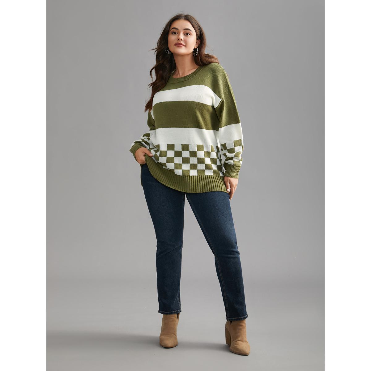Plus Size Colorblock Contrast Round Neck Split Hem Pullover Moss Women Casual Loose Long Sleeve Round Neck Everyday Pullovers BloomChic 14-16/1X Product Image